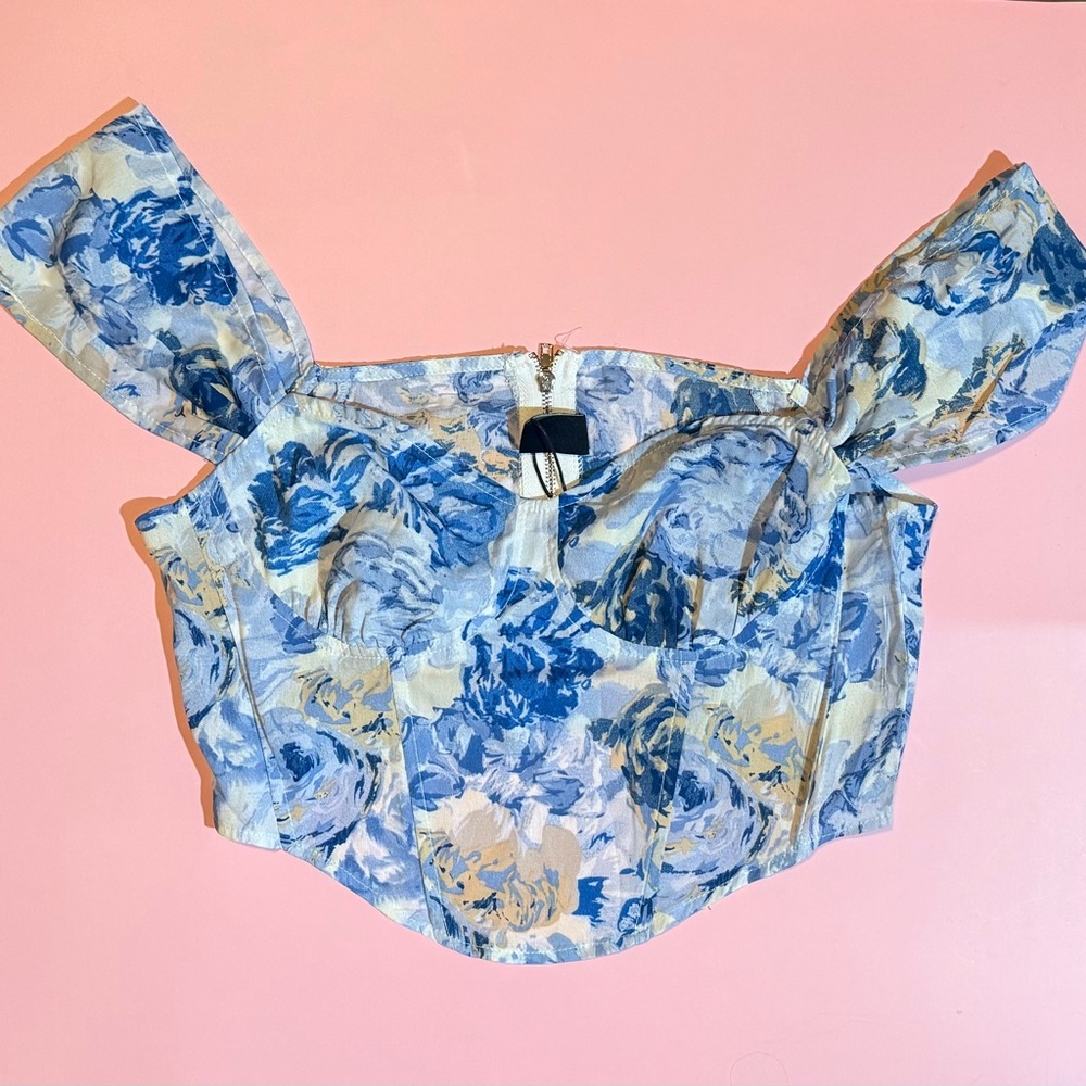 Cider Blue and White Puff Sleeve Bustier Blouse